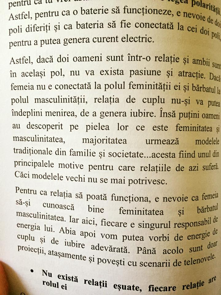 Pagină din cartea Relațiile conștiente, despre polaritatea feminin–masculin în cuplu