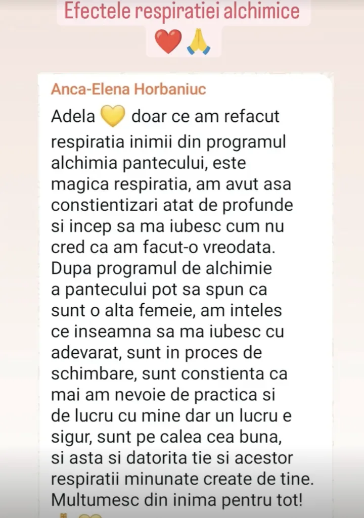 Mesaj de la Anca-Elena Horbaniuc despre programul alchimia pântecului