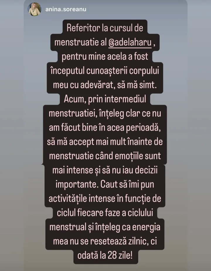 Mesaj de la @anina.soreanu despre cursul de menstruație